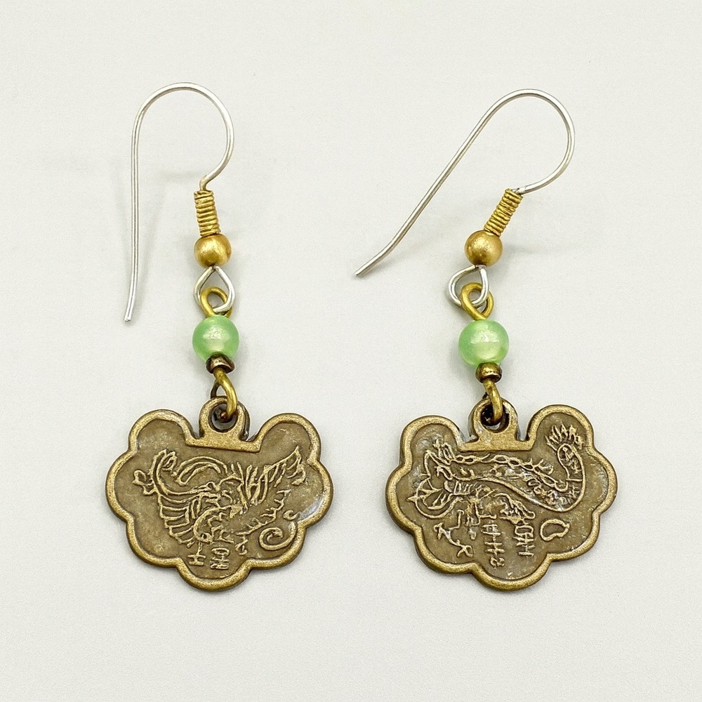 Vintage Asian Bronze and Green Stone Dangle Earrings